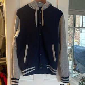 Blue and grey varsity jacket